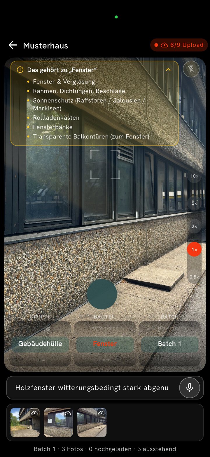 Erfassung in der CAIPEX-App: Bauteil Fenster im Sucher, mit Gruppen- und Bauteilauswahl