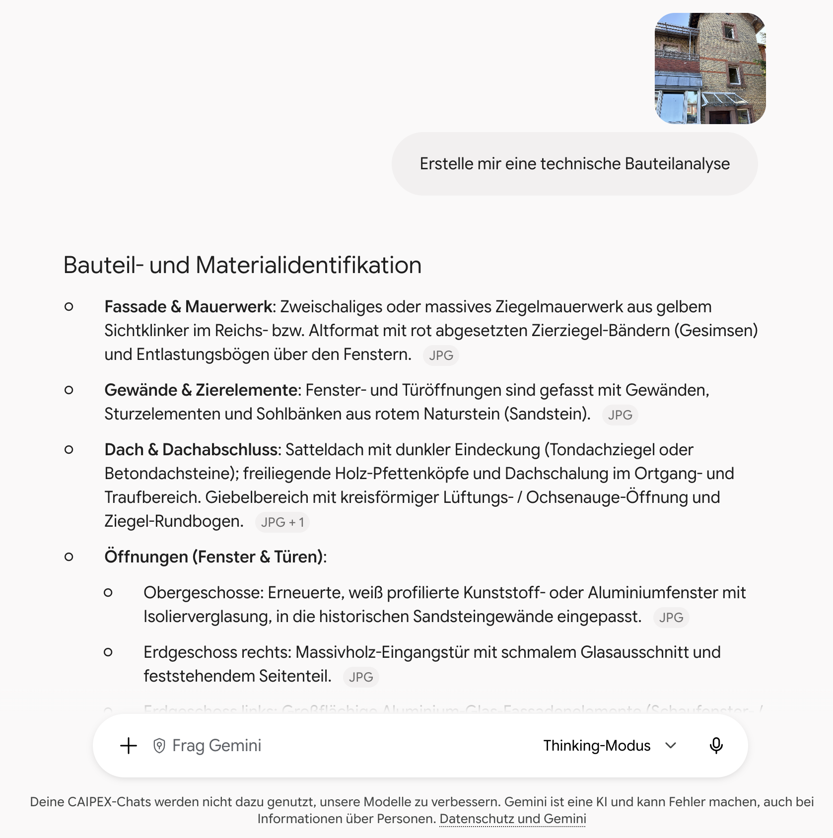 KI-Chat: Foto einer Fassade und eine technische Bauteilanalyse