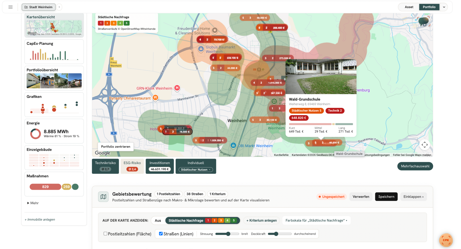 CAIPEX Portfolio: Kartenübersicht mit Gebäudezustand und Standortbewertung