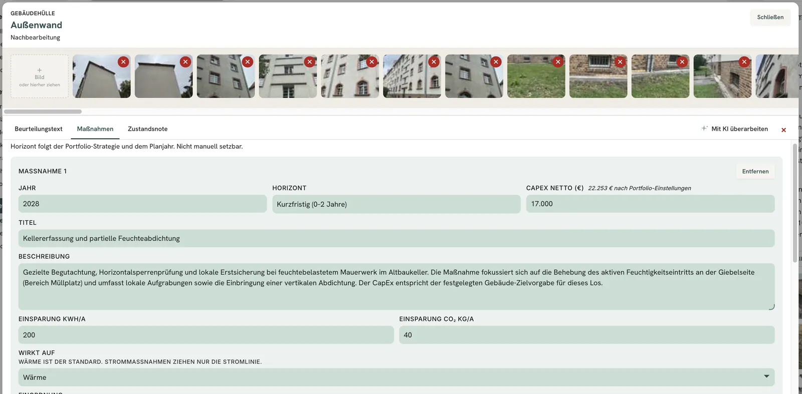 CAIPEX: Maßnahme zur Außenwand mit Jahr, Horizont und Kosten, individuell anpassbar