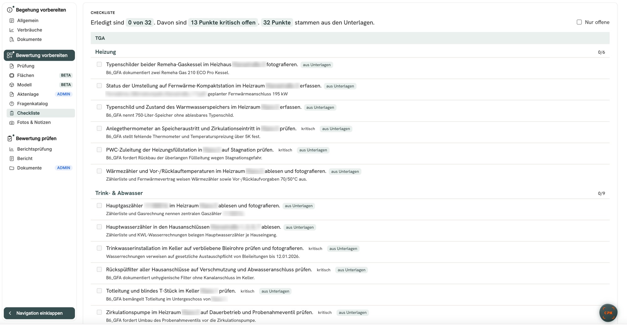 CAIPEX Begehungs-Checkliste: Prüfpunkte für Heizung und Trinkwasser, automatisch aus den Unterlagen der technischen Due Diligence abgeleitet