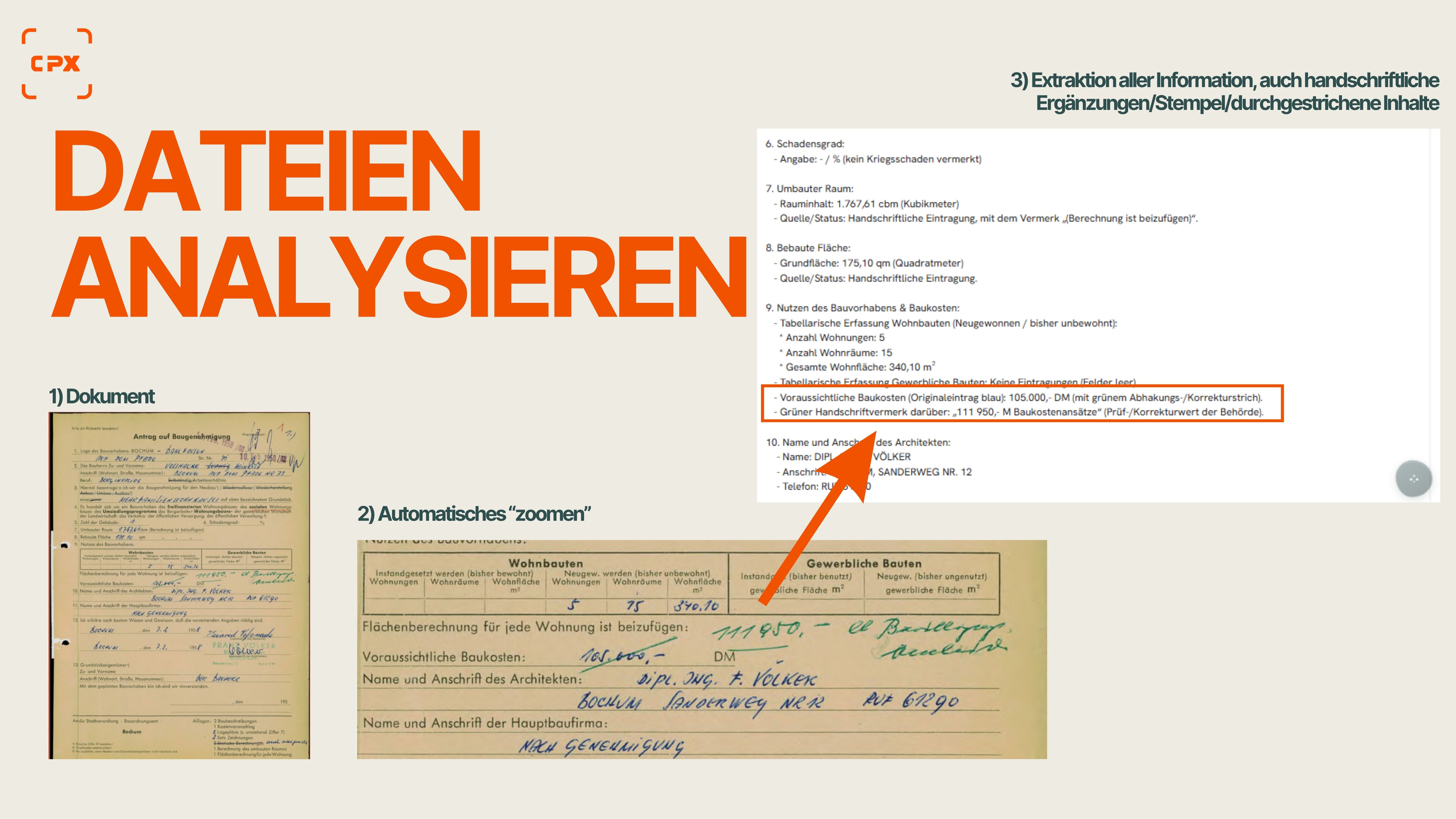 Auswertung eines handschriftlich ergänzten Bauantrags von 1958: automatisches Vergrößern und Extraktion inklusive Korrekturvermerk der Behörde