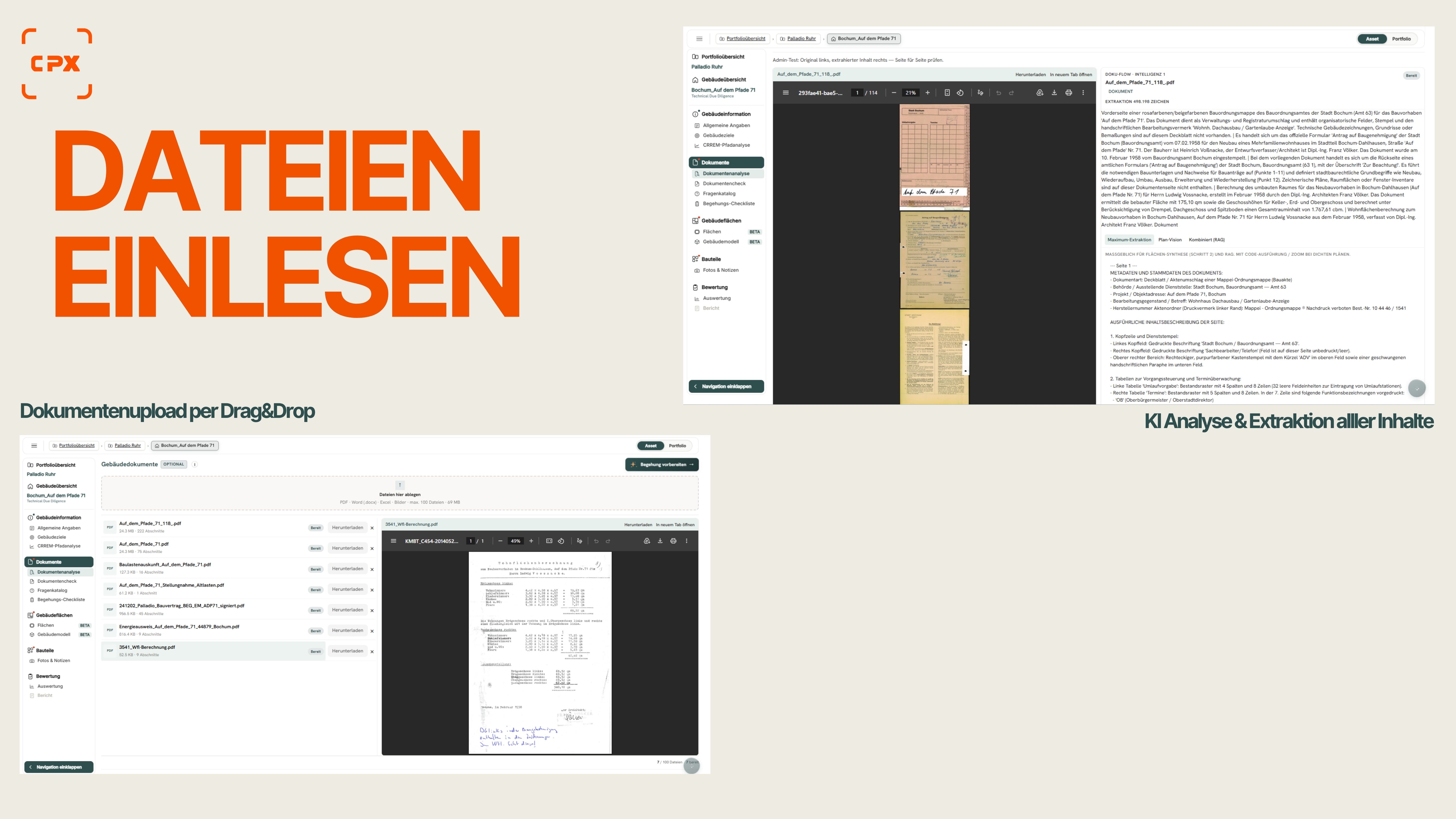 CAIPEX: Dokumentenupload per Drag & Drop und KI-Extraktion aller Inhalte einer Bauakte für die technische Due Diligence